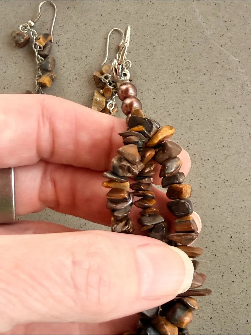 3 Strand Tiger's Eye Chip Necklace, Ring & Earrings Set - Brown